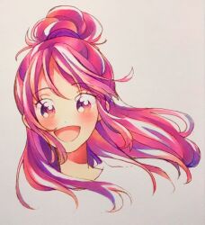 1girl absurdres aida_mana blush cropped_shoulders dokidoki!_precure dot_nose eyelashes hair_bun half_updo happy highres long_hair looking_at_viewer marker_(medium) nachuchoco open_mouth parted_bangs pink_hair precure purple_eyes single_hair_bun smile solo traditional_media wind