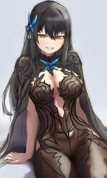 black_cape black_dress black_hair breasts butterfly_hair_ornament cape chronopattern_dress dress girls&#039;_frontline hair_ornament highres looking_at_viewer lotan lunasia_(girls&#039;_frontline) meme_attire seductive_smile simple_background sitting smile solo white_background yellow_eyes