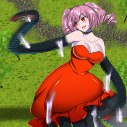 domination_quest dress drill_hair monster_girl nunokai official_art red_dress solo tentacle_hands
