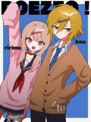 Rule 34 | 1boy, 1girl, arm up, black pants, blonde hair, blue necktie, blue sailor collar, blue skirt, border, brown cardigan, brown hair, cardigan, character name, choker, cowboy shot, fangs, green eyes, hair intakes, hair ornament, hairclip, highres, kaiinu, leg tattoo, long hair, low twintails, makaino ririmu, miniskirt, multicolored hair, neckerchief, necktie, nijisanji, pants, pink cardigan, pink hair, pleated skirt, pointy ears, red choker, red eyes, red neckerchief, sailor collar, school uniform, serafuku, shirt, short hair, skirt, tattoo, twintails, two-tone hair, uzuki kou, v-shaped eyebrows, virtual youtuber, white shirt, winged heart tattoo