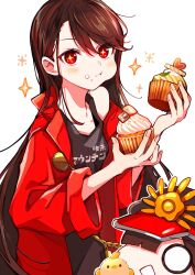 +_+ alternate_costume bare_shoulders black_hair black_hat black_shirt brown_hair candle cupcake eating food hat highres jacket long_hair mini_nobu_(fate) oda_nobunaga_(fate) red_eyes red_jacket shirt star_(symbol) star_in_eye symbol_in_eye very_long_hair yui_(tamagohan)