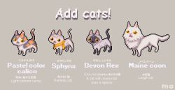 animal animal_focus bilingual_text calico_(pattern) calico_cat cat clothed_animal colorpoint commentary devon_rex dilute_tortoiseshell english_commentary english_text fluffy maine_coon mixed-language_text no_humans orange_scarf original pixel_art scarf simple_background sphynx_cat white_cat yellow_eyes yuuki_mokuya