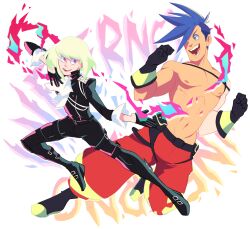 Rule 34 | 2boys, androgynous, ascot, black gloves, blonde hair, blue hair, galo thymos, gloves, half gloves, karina farek, leather, leather pants, lio fotia, male focus, multiple boys, pants, promare, purple eyes, short hair, sidelocks, simple background, undercut