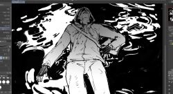 Rule 34 | 1boy, art program in frame, bag, black gloves, blood, blood from forehead, blood on clothes, blood on face, blood splatter, closed eyes, cowboy shot, cry of fear, feet out of frame, fingerless gloves, floating, gloves, greyscale, gun, handgun, highres, hole in head, hood, hood up, implied death, implied suicide, lying, monochrome, on back, shoulder bag, simon henriksson, solo, spread fingers, thonny222, water, weapon, white hood