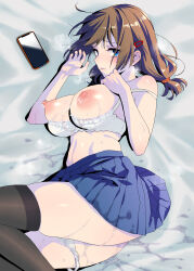 1girl aftersex blue_eyes blush bra bra_pull breasts breasts_out brown_hair cellphone clothes_pull cum heavy_breathing highres karube_guri large_breasts looking_at_viewer lying medium_hair nipples on_side original panties panties_around_leg parted_lips phone pussy_juice saliva skirt smartphone solo sweat thighhighs underwear white_bra white_panties