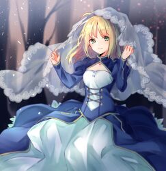 Rule 34 | 1girl, ahoge, artoria pendragon (fate), blonde hair, blue dress, blush, breasts, cleavage cutout, closed mouth, clothing cutout, commentary, dress, english commentary, fate/stay night, fate (series), forest, green eyes, highres, juliet sleeves, long hair, long sleeves, looking at viewer, nature, official alternate hairstyle, puffy sleeves, saber (fate), short hair, small breasts, smile, solo, tanka kikurage, veil