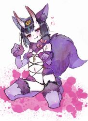 1girl animal_ears breasts cosplay eyeliner fang fate/grand_order fate_(series) full_body fur_bikini fur_collar fur_trim gloves headpiece heart horns kneeling looking_at_viewer makeup mash_kyrielight mash_kyrielight_(dangerous_beast) mash_kyrielight_(dangerous_beast)_(cosplay) navel oimo_(14sainobba) oni paw_pose purple_eyes purple_gloves purple_hair purple_tail purple_thighhighs shuten_douji_(fate) skin-covered_horns small_breasts smile solo tail thighhighs wolf_ears wolf_tail