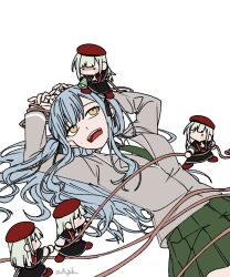 5girls a_jak bang_dream! bang_dream!_it&#039;s_mygo!!!!! black_ribbon black_skirt blue_hair bound bound_wrists collared_shirt green_hair green_necktie green_skirt grey_jacket hair_ornament haneoka_school_uniform hat highres jacket long_hair lying megaphone mini_person minigirl mortis_(bang_dream!) mortis_(persona)_(bang_dream!) multiple_girls necktie on_back open_mouth pleated_skirt red_hat ribbon school_uniform shirt simple_background skirt sweatdrop togawa_sakiko two_side_up wakaba_mutsumi wakaba_mutsumi_(doll) white_background white_shirt yellow_eyes