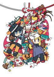 2girls bat_(animal) bead_bracelet beads bell black_bow black_hair black_headwear black_legwear black_skirt blonde_hair blue_bow blue_eyes boots bow bowtie box bracelet cake candy capelet chocolate chocolate_heart clam commentary_request dress fedora fish food fruit full_body gift gift_box grey_capelet hat hat_ribbon heart heart-shaped_cake heart-shaped_food highres holding holding_rope jack-o&#039;-lantern jewelry jigsaw_puzzle knot long_hair long_sleeves looking_to_the_side looking_up mandarin_orange maribel_hearn mary_janes medium_hair mistletoe mob_cap multiple_girls natsuno_riku necktie open_mouth orange_legwear pantyhose pumpkin purple_dress purple_eyes puzzle red_necktie ribbon rope shide shirt shoes skirt smile star_(symbol) talisman touhou usami_renko white_background white_headwear white_shirt