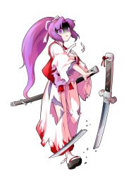 1girl alphes_(style) commentary_request dairi defeat full_body hair_ribbon haori high_ponytail highres japanese_clothes katana large_variant_set long_hair long_sleeves meira_(touhou) pants parody ponytail purple_hair red_vest ribbon shaded_face socks solo style_parody sword tabi tachi-e torn_clothes touhou touhou_(pc-98) transparent_background variant_set vest weapon white_pants white_ribbon white_socks wide_sleeves