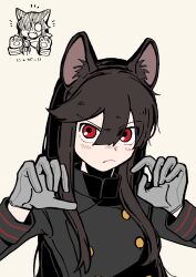 1girl animal_ears animal_hands black_hair blush cat_ears cat_paws crest fake_animal_ears family_crest fang frown gloves goma1021 hair_between_eyes highres jacket long_hair long_sleeves looking_at_viewer oda_nobunaga_(fate) oda_uri open_mouth red_eyes simple_background smile solo white_background