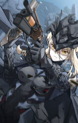 Rule 34 | 1girl, absurdres, aiming, black bodysuit, black hat, blonde hair, bodysuit, breasts, closed mouth, commentary, dual wielding, duet night abyss, english commentary, gun, hat, highres, holding, holding gun, holding weapon, long hair, looking ahead, lynn (duet night abyss), medium breasts, outdoors, partially shaded face, ryeon (naturesan), solo, tricorne, weapon