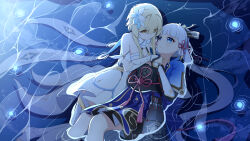 2girls absurdres ayaka_(genshin_impact) bare_shoulders blonde_hair blue_eyes closed_mouth dress genshin_impact hair_ornament hair_ribbon highres long_hair looking_at_another lumine_(genshin_impact) lying multiple_girls mxirony partially_submerged petals ribbon very_long_hair water white_dress yellow_eyes yuri
