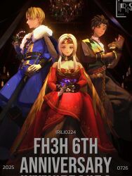 1girl 2boys ascot baggy_pants bare_shoulders blonde_hair blue_cape blue_eyes bouquet breasts bridal_gauntlets brown_hair cape circlet claude_von_riegan claude_von_riegan_(winds_offered) cleavage closed_mouth collarbone collared_shirt dimitri_alexandre_blaiddyd dimitri_alexandre_blaiddyd_(stargazing_lion) dress earrings edelgard_von_hresvelg feather_shawl fire_emblem fire_emblem:_three_houses fire_emblem_heroes flower fur-trimmed_cape fur_cape fur_trim gem gloves gold_cape gold_choker gold_embroidery gown green_eyes headband high_collar highres holding holding_bouquet irisl jewelry long_hair long_sleeves looking_at_viewer male_focus medium_breasts multiple_boys nintendo official_alternate_costume pants purple_eyes red_dress red_gemstone red_sleeves shawl shirt sitting smile tiara violet_(flower) white_ascot white_gloves white_hair yellow_shawl