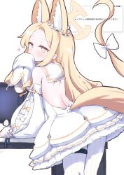 1girl animal_ears backless_dress backless_outfit blonde_hair blue_archive commentary covering_own_mouth detached_sleeves dress extra_ears fox_ears fox_girl fox_tail frilled_dress frills from_behind halo highres kurosaki_kousuke long_sleeves looking_at_viewer looking_back pantyhose red_eyes request_inset seia_(blue_archive) short_dress sleeves_past_fingers sleeves_past_wrists solo striped_clothes striped_pantyhose tail thigh_strap translation_request vertical-striped_clothes vertical-striped_pantyhose white_dress white_pantyhose white_sleeves yellow_halo