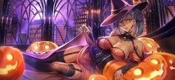 Rule 34 | 1girl, arm support, artist request, bare shoulders, bat (animal), black thighhighs, breasts, brooch, candelabra, candle, candlestand, cleavage, clothes lift, code geass, code geass: lost stories, corset, dark-skinned female, dark skin, dress, dress lift, female focus, fire, game cg, garter straps, gem, grey hair, hair ribbon, halloween, hand up, happy, hat, highres, indoors, jack-o&#039;-lantern, jewelry, juliet sleeves, large breasts, leaning on object, legs together, lifting own clothes, light rays, lipstick, long sleeves, looking at viewer, lying, makeup, nail polish, night, non-web source, official art, on side, orange dress, parted lips, print thighhighs, puffy sleeves, purple background, purple hat, purple lips, purple nails, purple ribbon, red gemstone, ribbon, short hair, side ponytail, smile, solo, spider web print, teeth, thighhighs, thighs, villetta nu, window, witch, witch hat, yellow eyes