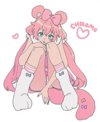 Rule 34 | 1girl, animal ears, bow, character name, chromu, green eyes, hair bow, heart, indie virtual youtuber, long hair, looking at viewer, panties, paw shoes, pink hair, simple background, sitting, smile, socks, solo, striped clothes, striped panties, striped socks, tail, tail bow, tail ornament, tongue, tongue out, underwear, very long hair, virtual youtuber, white background