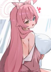 Rule 34 | 1girl, absurdres, ahoge, blue archive, blue eyes, bow, from behind, hair bow, halo, heterochromia, high (hgih), highres, holding, holding pillow, hoshino (blue archive), long hair, looking at viewer, looking back, open mouth, pillow, pink bow, pink hair, pink halo, smile, solo, very long hair, yellow eyes