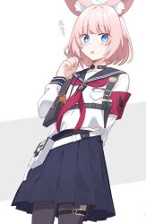 1girl black_pantyhose blue_archive blue_eyes blue_halo blue_sailor_collar blue_skirt breasts fox_tail grey_background halo highres holster looking_at_viewer medium_hair mikakunin neckerchief niko_(blue_archive) pantyhose pink_hair red_neckerchief sailor_collar school_uniform serafuku shirt skirt small_breasts solo tail thigh_holster two-tone_background white_background white_shirt