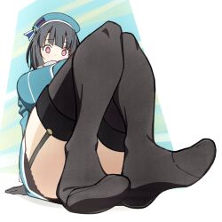 1girl beret black_gloves black_hair black_thighhighs blue_hat blue_jacket blush breasts closed_mouth from_below garter_straps gloves hat highres jacket kamotsu kantai_collection large_breasts looking_at_viewer military military_uniform no_shoes red_eyes short_hair simple_background sitting solo takao_(kancolle) thighhighs