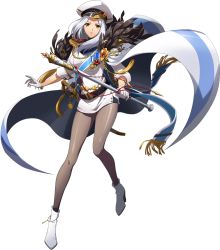 1girl belt black_belt boots brown_eyes cape dress floating_hair full_body gloves grey_pantyhose high_heel_boots high_heels highres holding holding_staff langrisser langrisser_iv long_hair long_sleeves looking_at_viewer military military_uniform official_art pantyhose purple_lips selena_(langrisser) sheath sheathed shiny_clothes shiny_legwear short_dress silver_hair solo staff standing sword transparent_background weapon white_boots white_cape white_dress white_gloves white_headwear