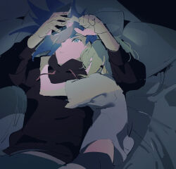 2boys black_hoodie blue_eyes blue_hair cellphone colored_eyelashes cuddling galo_thymos green_hair grey_shirt highres holding holding_phone hood hoodie indoors km_(ksolee1201) lio_fotia looking_at_phone lying male_focus mohawk multiple_boys on_back on_bed on_side phone pillow promare shirt short_hair short_sleeves sketch sleeping smartphone yaoi
