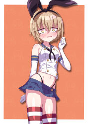 1girl arms_behind_back black_hairband black_neckerchief black_panties blue_sailor_collar blue_skirt bow_hairband breasts brown_hair commentary_request commission cosplay cowboy_shot elbow_gloves gloves hairband hand_up highleg highleg_panties highres jashin-chan_dropkick kantai_collection looking_at_viewer microskirt multicolored_eyes mumyou_ishi neckerchief open_mouth orange_background panties pekora_(jashin-chan_dropkick) petite pleated_skirt purple_eyes red_thighhighs sailor_collar sailor_shirt school_uniform serafuku shimakaze_(kancolle) shimakaze_(kancolle)_(cosplay) shirt short_hair simple_background skeb_commission skirt small_breasts solo striped_clothes striped_thighhighs textless_version thighhighs two-tone_eyes underwear variant_set white_gloves white_shirt yellow_eyes