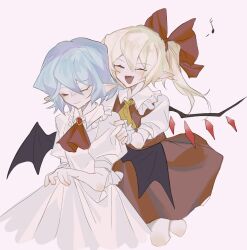 2girls absurdres ascot bat_wings black_wings blonde_hair bow c8h11o2n chinese_commentary closed_eyes closed_mouth collared_shirt commentary_request dress flandre_scarlet frilled_shirt_collar frills hair_between_eyes hair_bow hand_on_another&#039;s_arm highres long_hair multiple_girls musical_note open_mouth pink_background pointy_ears ponytail puffy_short_sleeves puffy_sleeves red_ascot red_bow red_skirt red_vest remilia_scarlet shirt short_hair short_sleeves siblings simple_background sisters skirt smile spoken_musical_note sweat touhou vest white_dress white_shirt wings yellow_ascot