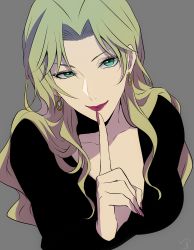 1girl bad_id bad_pixiv_id black_shirt blonde_hair breasts closed_mouth collarbone earrings eyelashes female_focus finger_to_mouth fingernails green_eyes grey_background highres index_finger_raised jewelry long_fingernails long_hair long_sleeves looking_at_viewer medium_breasts meitantei_conan nail_polish parted_lips red_nails shirt shushing simple_background smile solo upper_body vermouth_(meitantei_conan) yukin_(es)
