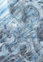1boy 1girl android armor blue_eyes carrying carrying_person doll_joints ender_lilies_quietus_of_the_knights ender_magnolia_bloom_in_the_mist floating_hair full_armor grey_hair highres joints knight long_hair lorna_(ender_magnolia) nanai_yuki painting_(medium) reibolg_(ender_magnolia) traditional_media twintails very_long_hair watercolor_(medium)