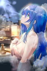 1girl absurdres alyssa_(specktech) bathing blue_hair breasts closed_mouth commentary commission covering_privates english_commentary from_side green_eyes hair_down highres holding holding_towel large_breasts long_hair looking_up night night_sky nude nude_cover onsen original outdoors second-party_source skeb_commission sky smile solo steam towel uu-tan_(hushigi10) water