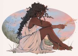 1girl absurdres ancient_greek_clothes barefoot border briseis_(mythology) brown_hair chiton dark-skinned_female dark_skin full_body grass greco-roman_clothes greek_mythology highres holding_wheat long_hair on_grass on_ground outdoors outside_border polartss round_border signature sitting solo the_song_of_achilles twilight wavy_hair wheat white_background