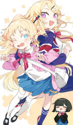 Rule 34 | 3girls, alice cartelet, aqua shirt, back-to-back, bag, black jacket, black shoes, blonde hair, blue eyes, blue socks, blush, blush stickers, chibi, closed eyes, eyebrows hidden by hair, flat chest, from side, green hair, highres, jacket, karei, kin-iro mosaic, kujou karen, long hair, looking at another, looking at viewer, multiple girls, one eye closed, oomiya shinobu, open mouth, pink jacket, purple eyes, purple jacket, red shoes, school uniform, shirt, shoes, short hair, shoulder bag, smile, socks, union jack print, very long hair, white bag, white shirt, white socks