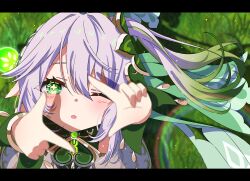 1girl ;o absurdres blush cape commentary_request cross-shaped_pupils day dress finger_frame gem genshin_impact gold_trim gradient_hair grass green_cape green_eyes green_gemstone green_hair hair_between_eyes hair_ornament hands_up highres leaf_hair_ornament letterboxed long_hair looking_at_viewer multicolored_hair nahida_(genshin_impact) one_eye_closed outdoors pointy_ears sankaku_(maruchann32) side_ponytail sidelocks sleeveless sleeveless_dress solo symbol-shaped_pupils white_dress white_hair