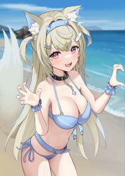 Rule 34 | 1girl, alternate costume, animal ear fluff, animal ears, bandaid, bandaid hair ornament, bare shoulders, beach, belt, bikini, blonde hair, blue belt, blue bikini, blue hair, blue nails, blue scrunchie, blue sky, blush, breasts, claw pose, cleavage, collarbone, dog ears, dog girl, dog tail, front-tie bikini top, front-tie top, fuwawa abyssgard, hair ornament, hairclip, heart, heart hands, heart hands duo, highres, hololive, hololive english, horn hairband, large breasts, long hair, looking at viewer, multicolored hair, navel, open mouth, parallel hairclips, pink eyes, scrunchie, siblings, side-tie bikini bottom, sisters, sky, smile, solo, stomach, swimsuit, taachika, tail, virtual youtuber, wrist scrunchie, x hair ornament
