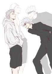 Rule 34 | 2boys, black shorts, blindfold, blue eyes, colored eyelashes, commentary request, earrings, gojou satoru, gold earrings, grey hair, hands in pockets, hat, highres, hood, hoodie, jewelry, jujutsu kaisen, jujutsu tech uniform, looking at another, male focus, multiple boys, original, red eyes, sanasanase, short hair, shorts, sketch, smile, spiked hair, sunglasses, teeth, topless male, tower of god, translation request, urek mazino, white background, white hair, white hat, white hoodie