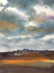 2others blue_dress blue_sky buillding cloud cloudy_sky day dress field highres hill house mouen_tw multiple_others original painting_(medium) sky town traditional_media watercolor_(medium)