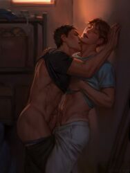 Rule 34 | 2boys, annas anya, ass, black hair, black pants, black shirt, blue skirt, brown hair, closed eyes, clothes lift, clothes pull, commentary, from side, frottage, gym storeroom, haikyuu!!, highres, iwaizumi hajime, lifting own clothes, lips, male focus, male underwear, male underwear peek, multiple boys, nose, oikawa tooru (haikyuu!!), open mouth, pants, pants pull, penis, shirt, shirt lift, short hair, short sleeves, skirt, standing, sunlight, teeth, toned, toned male, underwear, white pants, yaoi