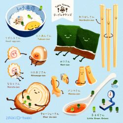 artist_name bird blue_background bowl chopsticks egg egg_(food) english_text food food_focus issiki_toaki no_humans omelet original plate rice rice_bowl simple_background smile softboiled_egg spoon twitter_logo twitter_username