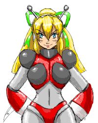 1girl antennae armor armored_gloves bikini_armor blonde_hair blue_eyes blue_ribbon blush borockman breasts commentary earphones english_commentary green_eyes green_ribbon hair_between_eyes hair_ribbon hairband hand_on_own_hip hands_on_own_hips hyper_roll_(marvel_vs._capcom) joints large_breasts lipstick long_hair looking_at_viewer makeup marvel_vs._capcom mechanical_arms mechanical_legs mega_man_(classic) mega_man_(series) ponytail radio_antenna ribbon robot robot_girl robot_joints roll_(mega_man) shoulder_armor sidelocks simple_background single_mechanical_arm smile solo white_background