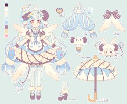 Rule 34 | 1girl, animal ears, antenna hair, apron, arrow (symbol), blue bow, blue bowtie, blue dress, blue hair, blue thighhighs, blush, bow, bowtie, brown horns, brown shoes, color guide, commentary, cursive, dress, flat color, frilled apron, frilled dress, frills, full body, fur-trimmed shoes, goat ears, goat girl, goat horns, goat tail, hair bow, hair ornament, heart, heart hair ornament, horns, hyou (pixiv3677917), long hair, looking at viewer, orange eyes, original, outline, reference sheet, shoes, short sleeves, signature, simple background, smile, standing, straight-on, striped clothes, striped thighhighs, symbol-only commentary, thighhighs, twintails, two-tone thighhighs, umbrella, very long hair, white apron, white outline, white thighhighs, wrist cuffs