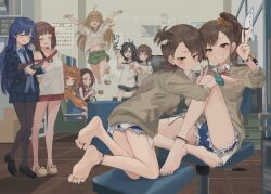 6+girls absurdres ahoge amami_haruka animal_slippers anklet aqua_eyes arms_up barefoot bead_bracelet beads black_bow black_eyes black_hair black_shoes black_shorts blonde_hair blue_dress blue_hair blue_jacket blue_necktie blue_shirt blue_shorts blue_skirt bow bowtie bracelet breasts brown_cardigan brown_eyes brown_hair cardigan closed_eyes collarbone collared_shirt commentary_request copyright_name double_v dress drill_hair drinking feet futami_ami futami_mami green_nails green_skirt grey_pantyhose grin guitar hagiwara_yukiho hair_bow hair_ornament hair_scrunchie highres holding holding_guitar holding_instrument hoshii_miki idolmaster idolmaster_(classic) indoors instrument jacket jewelry jumping kikuchi_makoto kisaragi_chihaya laki loafers long_hair looking_at_viewer medium_hair midriff minase_iori multiple_girls nail_polish navel necktie on_chair one_side_up orange_shirt p-head_producer pantyhose parted_bangs pinafore_dress pink_eyes producer_(idolmaster) red_bow red_bowtie red_shirt scrunchie shirt shoes short_shorts shorts siblings sisters sitting skirt sleeveless sleeveless_dress slippers smile smug soles takatsuki_yayoi toenail_polish toenails toes twin_drills twins v white_shirt wrist_scrunchie
