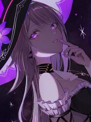 1girl ame_shizuri. bare_shoulders black_choker black_dress black_hat black_sky black_sleeves breasts brown_hair choker detached_sleeves dress fingernails flower frills hair_between_eyes hair_ornament hairclip hand_up hat hat_flower hat_ornament herta_(honkai:_star_rail) highres honkai:_star_rail honkai_(series) jewelry key key_necklace lips long_hair long_sleeves looking_at_viewer medium_breasts nail_polish necklace purple_eyes purple_flower purple_hat purple_nails sky sleeveless sleeveless_dress smile solo star_(sky) starry_sky_background teeth the_herta_(honkai:_star_rail) two-sided_fabric two-sided_headwear upper_body witch_hat