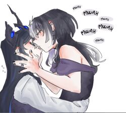 Rule 34 | 2girls, bare shoulders, black hair, black nails, black vest, blush, closed eyes, commentary, cross, cross earrings, dress, ear blush, earrings, english commentary, english text, hololive, hololive english, horns, jewelry, kiss, kissing forehead, long hair, multiple girls, nerissa ravencroft, off-shoulder dress, off shoulder, purple dress, ring, shiori novella, shirt, simple background, speech bubble, tibetanyakart, vest, virtual youtuber, wedding ring, white background, white shirt, yuri