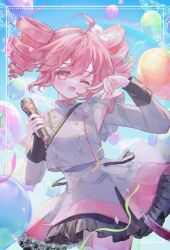 Rule 34 | 1girl, ahoge, balloon, black skirt, black sleeve cuffs, blue sky, blush, border, bow, buttons, cloud, cowboy shot, day, double-breasted, drill hair, flat chest, floating hair, grey jacket, grey skirt, hair between eyes, hair bow, hands up, hashtag-only commentary, highres, jacket, kasane teto, kasane teto (sv), layered skirt, layered sleeves, leaning to the side, long sleeves, looking at viewer, microphone, midriff peek, musical staff, musical staff print, nyapu 22, one eye closed, open mouth, ornate border, red eyes, red hair, red skirt, red trim, shoulder belt, shoulder boards, skirt, skirt set, sky, solo, stream, streamers, striped clothes, striped jacket, striped skirt, synthesizer v, twin drills, utau, white bow