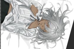 1boy arms_up art_program_in_frame bishounen black_necktie black_pants collared_shirt commentary cowboy_shot dark-skinned_male dark_skin dontdespair365 grey_eyes grey_hair hair_between_eyes looking_to_the_side lying male_focus medium_hair metaphor:_refantazio midriff_peek necktie on_back pants parted_lips shirt sideways_glance solo the_prince_(metaphor:_refantazio) white_shirt wing_collar