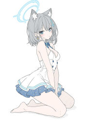 1girl alternate_costume animal_ear_fluff animal_ears arms_between_legs bare_arms bare_shoulders blue_archive blue_eyes blue_halo blush breasts cleavage closed_mouth commentary cross cross_hair_ornament dress earrings extra_ears flat_color grey_hair hair_ornament halo highres inverted_cross jewelry kneeling layered_dress looking_at_viewer medium_breasts mismatched_pupils shiroko_(blue_archive) short_hair simple_background sleeveless sleeveless_dress solo star_(symbol) star_earrings t1kosewad thighs white_background white_dress wolf_ears wolf_girl