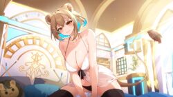 Rule 34 | 1girl, animal ear fluff, animal ears, babydoll, black panties, black ribbon, black thighhighs, blue hair, breasts, brown hair, cleavage, collarbone, colored inner hair, hair ornament, hairpin, hazumi aileen, indie virtual youtuber, large breasts, lion ears, lion girl, lion tail, multicolored hair, panties, ribbon, second-party source, short hair, solo, tail, thighhighs, underwear, virtual youtuber, weiic, white babydoll, yellow eyes