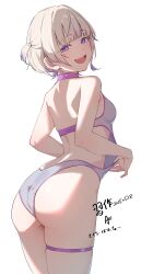 1girl absurdres ass backless_outfit bare_shoulders blonde_hair breasts commentary_request cowboy_shot dated highres hololive hololive_dev_is inuinuo_gataken looking_at_viewer multicolored_hair one-piece_swimsuit purple_eyes purple_hair shadow signature simple_background small_breasts solo streaked_hair swimsuit todoroki_hajime translation_request two-tone_hair two_side_up virtual_youtuber white_background white_one-piece_swimsuit