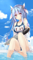 10s 1girl absurdres bad_feet bare_legs bare_shoulders barefoot blue_hair blue_sky breasts cloud day fang feet female_focus hair_ornament hair_ribbon highres holding i-19_(kancolle) kantai_collection large_breasts looking_at_viewer multicolored_hair off_shoulder one-piece_swimsuit pink_eyes purple_hair ribbon saku_(kudrove) school_swimsuit sitting sky soaking_feet solo star-shaped_pupils star_(symbol) swimsuit symbol-shaped_pupils torpedo water